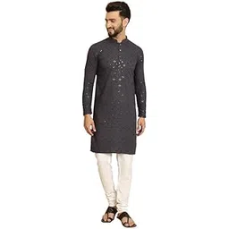 sojanya (Since 1958 Men's Geometric Embroidered Sequence Cotton Kurta and White Pyjama Set-picture-15
