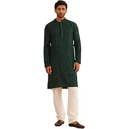 sojanya (Since 1958 Men's Pure Cotton Mustard Embroidered Sequined Kurta and White Pyjama Set-picture-16