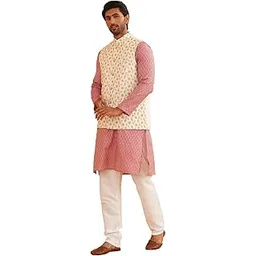 sojanya (Since 1958 Men's Silk Blend Self Design Pink Kurta With Pyjama & Nehru Jacket-picture-13