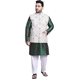 sojanya (Since 1958 Men's SilkBlend DGreen Kurta & White Pyjama with Yellow Printed Nehrujacket-picture-29