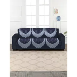 SOKNACK 4-Pcs Navy Blue & White Printed Ultrasonic Punched Velvet  3-Seater Sofa Covers-picture-21
