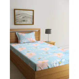 SOKNACK Blue & Peach Floral Printed 300 TC Cotton Single Bedsheet With 1 Pillow Cover image 1