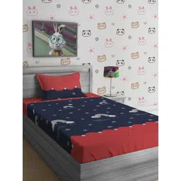 SOKNACK Navy Blue & Red Graphic 300 TC Single Bedsheet with 1 Pillow Covers-picture-10