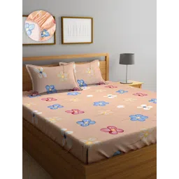 SOKNACK Peach-Coloured & Blue Floral Printed 280 TC Fitted Queen Bedsheet & Pillow Covers-picture-12
