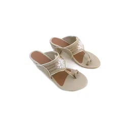 Sole House Women Cream-Coloured Embellished PU Block Ethnic Heels-picture-12