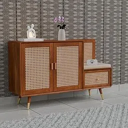 Solid Wooden Sideboard Cabinet for Living Room, Office & Lounge | Rattan Cane Sideboard with Cousion Seat | 3 Shelf and 1 Drawer Storage Cabinet with Door for Kitchen (Honey Finish)-picture-26