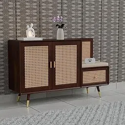 Solid Wooden Sideboard Cabinet for Living Room, Office & Lounge | Rattan Cane Sideboard with Cousion Seat | 3 Shelf and 1 Drawer Storage Cabinet with Door for Kitchen (Walnut Finish)-picture-24