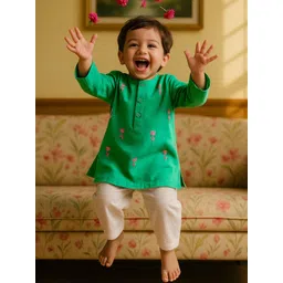 Somersault Boys Floral Printed Regular Thread Work Pure Cotton Kurta with Pyjamas-picture-13