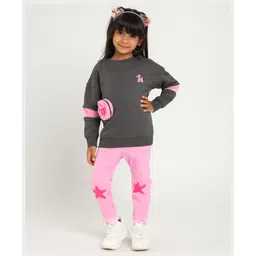 Somersault Full Sleeves Sweatshirt With Typography Printed Attached Bag & Joggers - Grey & Pink-picture-36
