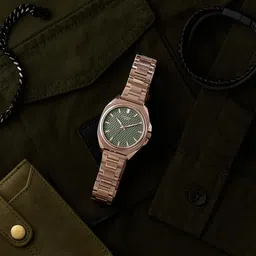 Poze By Sonata Quartz Analog Green Dial Rose Gold Metal Strap Watch For Men-picture-24