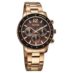 Sonata Chronos Quartz Analog with Date Brown Dial Rose Gold Colour Stainless Steel Strap Watch For Men-picture-16