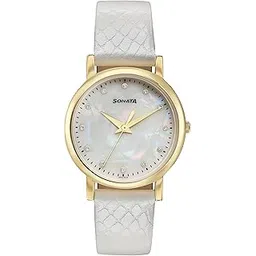 sonata Glam Gold Quartz Analog Off White Dial Leather Strap Watch for Women-picture-13