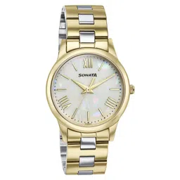 Sonata Glam Gold Quartz Analog Off White Dial Stainless Steel Strap Watch For Women image 2