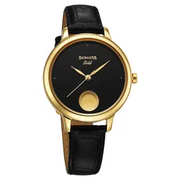Sonata Gold Quartz Analog Watch for Women with Black Dial Leather Strap With An Eye-Catching Gold Coin on Dial-picture-35