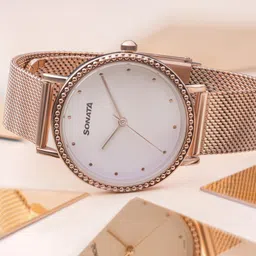 Sonata Quartz Analog White Dial Rose Gold Stainless Steel Strap Watch For Women-picture-15