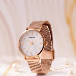 Sonata Quartz Analog White Round Dial Rose Gold Stainless Steel Strap Watch For Women-picture-16