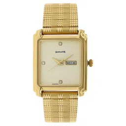Sonata Quartz Analog with Day and Date Champagne Dial Stainless Steel Strap Watch for Men-picture-10