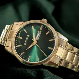 Sonata Quartz Analog with Day and Date Green Dial Golden Stainless Steel Strap Watch For Men-picture-14