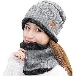 song ting Women's Woollen Winter Ball Cap and Scarf - Imported Soft Warm Snow and Air Proof Fleece Knitted Cap (Inside Fur) Beanie Winter Cap with Scarf, Grey-picture-30