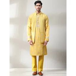 Soniya g Men Floral Embroidered Regular Pure Silk Kurta with Trousers-picture-10