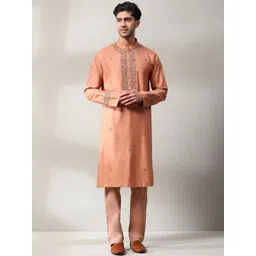 Soniya g Men Floral Embroidered Regular Thread Work Pure Silk Kurta with Trousers image 5