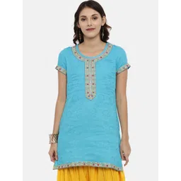 Souchii Women Blue Yoke Design Jacquard Straight Kurta-picture-33