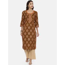 Souchii Women Brown & Mustard Printed Straight Kurta-picture-10