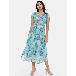 Souchii Women Sea Green & Blue Floral Printed A-Line Dress-picture-14