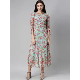 Souchii Women Turquoise Blue Floral Printed Chiffon A-Line Midi Dress-picture-36
