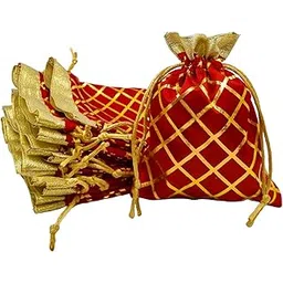 Soul Artisan Potli Bags (Red-Cross Checked) with Golden Border for Women, Return Gifts, Wedding, Baby Shower, Bridal Party, Haldi Functions, Dry Fruit and Jewelry Packaging Size 18X23 cm | Pack of 30-picture-48