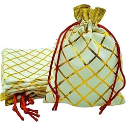 Soul Artisan Potli Bags(Sandal-Cross Checked) with Golden Border for Women, Return Gifts, Wedding, Baby Shower, Bridal Party, Haldi Functions, Dry Fruit and Jewelry Packaging Size 18X23 cm| Pack of 10-picture-55