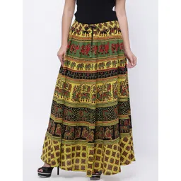 SOUNDARYA Women Lime Green & Red Printed Pure Cotton Maxi Flared Skirt-picture-23