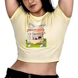 space n ocean Graphic Coffee Theme Printed Crop Top, Slim Fit, Short Sleeves, Western Style, Super Comfortable & Breathable 100% Cotton Fabric, Crop Tops for Women - Yellow-picture-27
