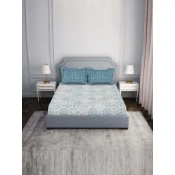 Spaces Atrium Blue 100% Cotton 144 TC Fitted King Bedsheet with 2 Pillow Covers-picture-12