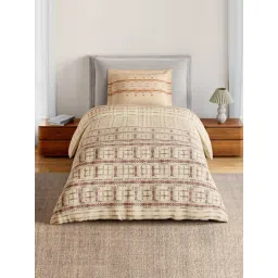 Spaces Beige Cotton Geometric 144 TC Single Bedsheet with 1 Pillow Cover-picture-11
