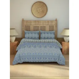 Spaces Blue Pottery Blue Cotton Floral 210 TC Double Bedsheet with 2 Pillow Covers-picture-41