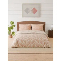 Spaces Linear Traced Beige Cotton Geometric 144 TC Double Bedsheet with 2 Pillow Covers-picture-44