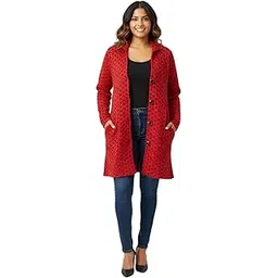 s.p.aggarwal S.P Aggarwal Long Self-Design Knitted Cardigan for Women | Stylish Woolen Sweater | Fancy Collar Neck Winterwear for Girls | Red | XL-picture-12