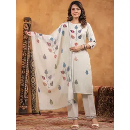 Span Floral Printed Sequinned Round Neck Straight Pure Cotton Kurta With Trouser & Dupatta-picture-22