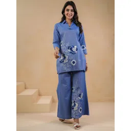 Span Floral Printed Shirt Collar Pure Cotton Kurta With Palazzos-picture-23