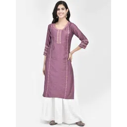 span SpanEthnic Motifs Embroidered Round Neck Three-Quarter Sleeves Thread Work Kurta-picture-15