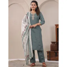 Span Women Ethnic Motifs Embroidered Thread Work Pure Cotton Kurta with Trousers & Dupatta-picture-31
