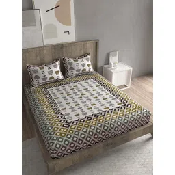 Spangle Cream-Coloured & Mustard Ethnic Motifs 260 TC King Bedsheet With 2 Pillow Covers-picture-31