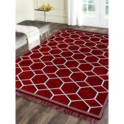 Sparrow world Red & White Geometric Printed Velvet Chennille Rectangular Carpet-picture-22