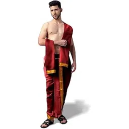 spewim Men's PolySilk Readymade Mahraj Dhoti with Dupatta Elastic Ready to Wear Dhoti Pant Free Size Traditional Ethnic Wear for Weddings, Pujas & Festivals | Comfortable Fit, Easy to Wear-picture-32