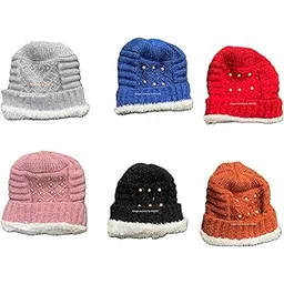 sphinx Winter Woolen Fur Fleece Lined Soft Warm Stylish Knitted Caps for Women Girls, Woolen Comfortable caps with Beads Pearls Design Mixed Colors --picture-29