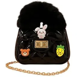 spocco | Kids Black Quilted Handbag with Fur Handle & Cartoon Charms - Stylish Shoulder Bag with Golden Chain for Girls-picture-53
