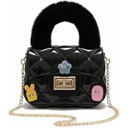 spocco | Kids Black Quilted Handbag with Fur Handle & Cartoon Charms - Stylish Shoulder Bag with Golden Chain for Girls | 01-picture-46