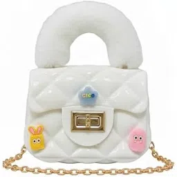 spocco | Kids Quilted Handbag with Fur Handle & Cartoon Charms - Stylish Shoulder Kids Mini Hand Bag/Cross body bag/Sling bag with Golden Chain for Girls | Birthday Gift | Return Gift for Girl | 140-picture-45