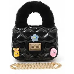 spocco | Kids Quilted Handbag with Fur Handle & Cartoon Charms - Stylish Shoulder Kids Mini Hand Bag/Cross body bag/Sling bag with Golden Chain for Girls | Birthday Gift | Return Gift for Girl | 50-picture-16